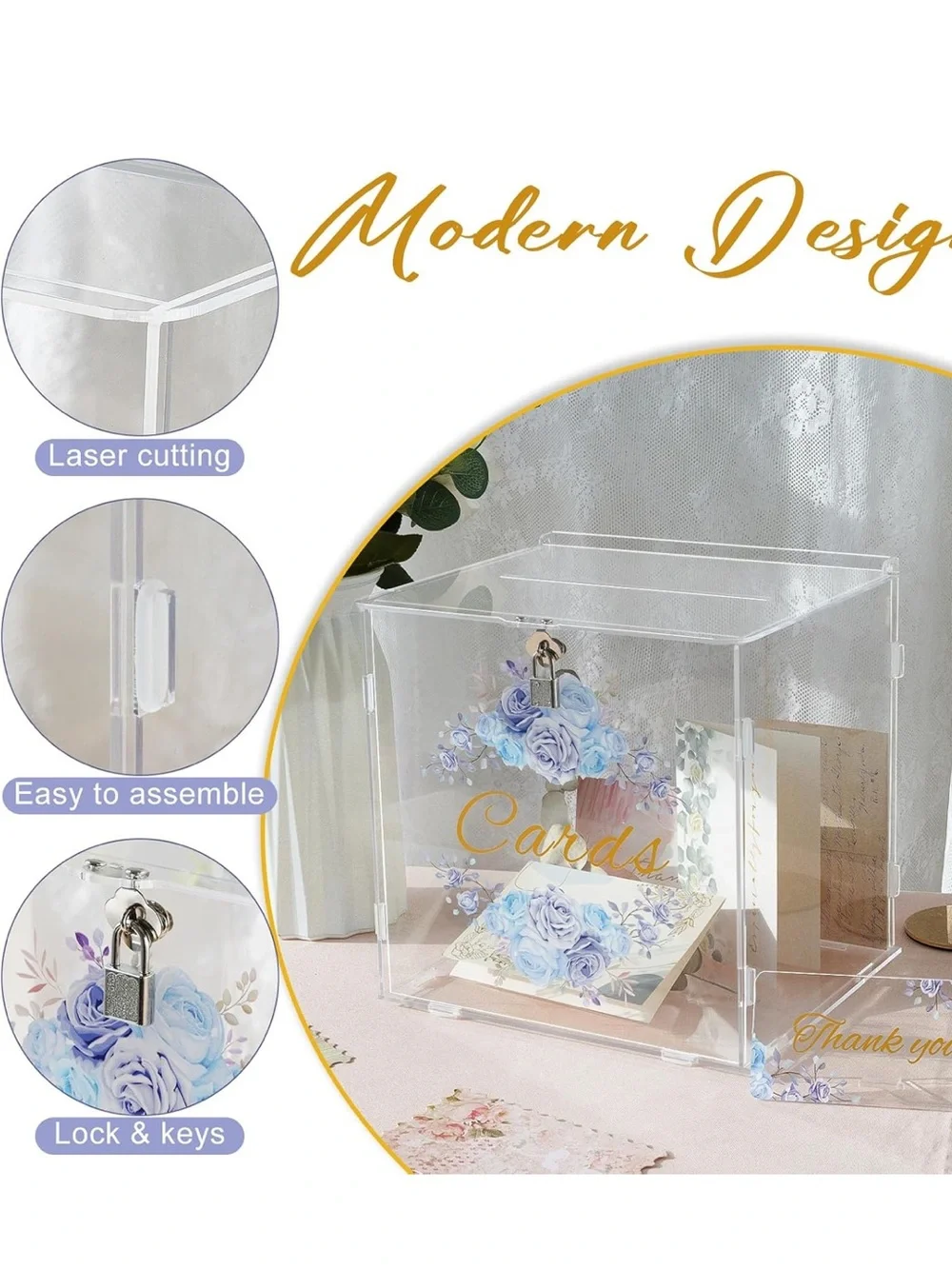 Acrylic Blue Floral Clear Card Box with Lock for Wedding, Graduation, Showers